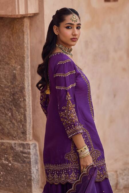 Buy Kritika Dawar Purple , Organza Pearls, Sequins, Scalloped Kurta Sharara Set Online at Aza Fashions Buy_Kritika Dawar_Purple , Organza Pearls, Sequins, Scalloped Kurta Sharara Set _Online_at_Aza_Fashions