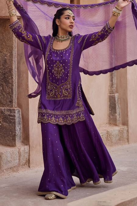 Shop Kritika Dawar Purple , Organza Pearls, Sequins, Scalloped Kurta Sharara Set Online at Aza Fashions Shop_Kritika Dawar_Purple , Organza Pearls, Sequins, Scalloped Kurta Sharara Set _Online_at_Aza_Fashions