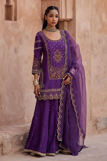 Kritika Dawar Purple , Organza Pearls, Sequins, Scalloped Kurta Sharara Set Online at Aza Fashions Kritika Dawar_Purple , Organza Pearls, Sequins, Scalloped Kurta Sharara Set _Online_at_Aza_Fashions