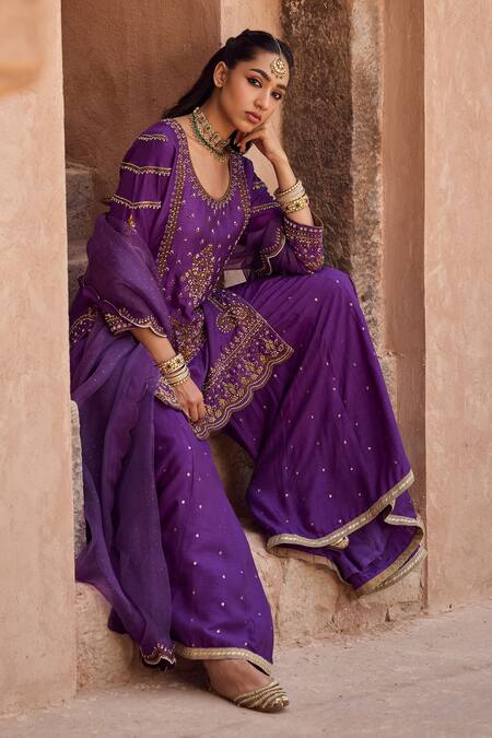 Shop Kritika Dawar Purple , Organza Pearls, Sequins, Scalloped Kurta Sharara Set Shop_Kritika Dawar_Purple , Organza Pearls, Sequins, Scalloped Kurta Sharara Set