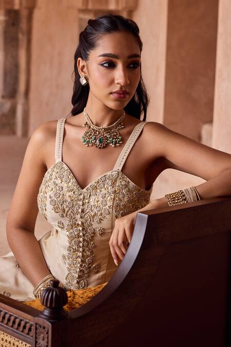 Buy Kritika Dawar Ivory Silk, Organza Pearls Sweetheart Neck Embroidered Sharara Set Online at Aza Fashions Buy_Kritika Dawar_Ivory Silk, Organza Pearls Sweetheart Neck Embroidered Sharara Set _Online_at_Aza_Fashions