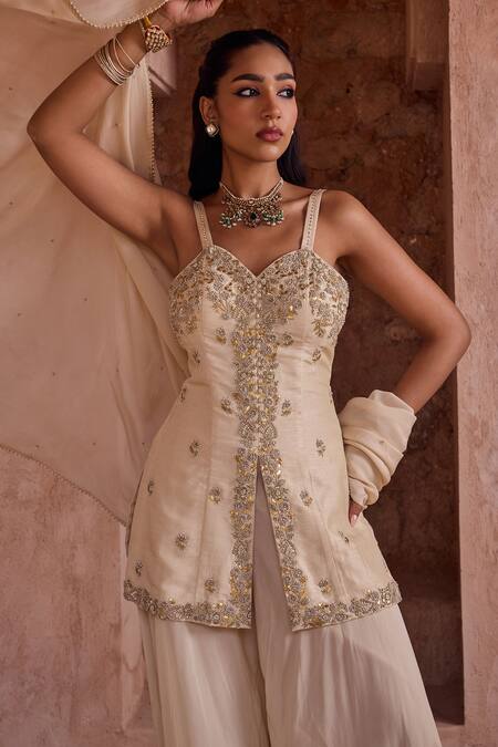 Shop Kritika Dawar Ivory Silk, Organza Pearls Sweetheart Neck Embroidered Sharara Set Online at Aza Fashions Shop_Kritika Dawar_Ivory Silk, Organza Pearls Sweetheart Neck Embroidered Sharara Set _Online_at_Aza_Fashions