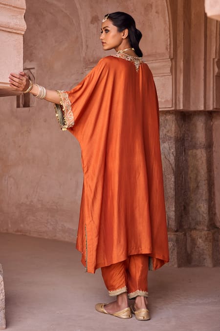 Shop Kritika Dawar Rust Silk Pearls V-neck Kaftan And Salwar Set at Aza Fashions Shop_Kritika Dawar_Rust Silk Pearls V-neck Kaftan And Salwar Set _at_Aza_Fashions