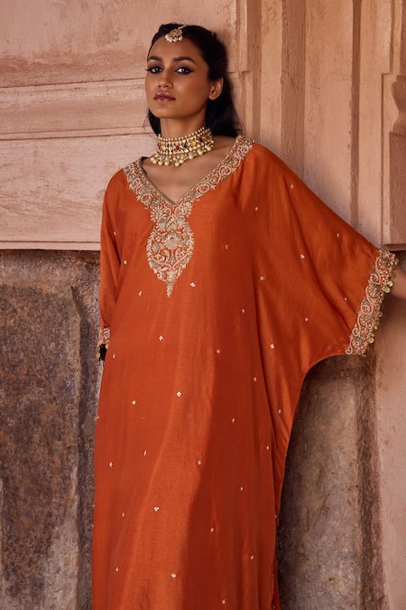 Buy Kritika Dawar Rust Silk Pearls V-neck Kaftan And Salwar Set Online at Aza Fashions Buy_Kritika Dawar_Rust Silk Pearls V-neck Kaftan And Salwar Set _Online_at_Aza_Fashions