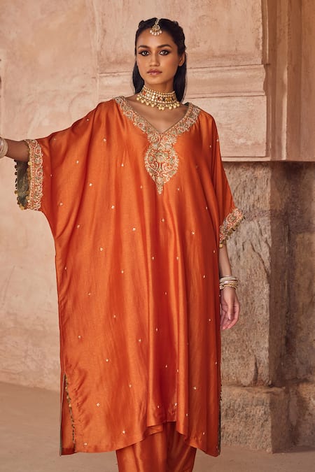 Shop Kritika Dawar Rust Silk Pearls V-neck Kaftan And Salwar Set Online at Aza Fashions Shop_Kritika Dawar_Rust Silk Pearls V-neck Kaftan And Salwar Set _Online_at_Aza_Fashions
