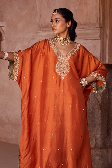 Kritika Dawar Rust Silk Pearls V-neck Kaftan And Salwar Set at Aza Fashions Kritika Dawar_Rust Silk Pearls V-neck Kaftan And Salwar Set _at_Aza_Fashions