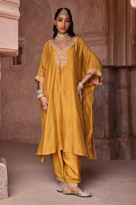 Kritika Dawar Silk Yellow Kaftan & Salwar Pant Set 