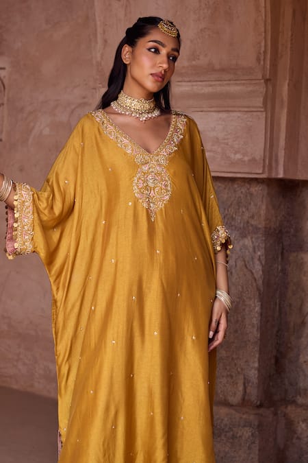 Buy_Kritika Dawar_Yellow Silk V-neck Kaftan And Salwar Pant Set _Online_at_Aza_Fashions
