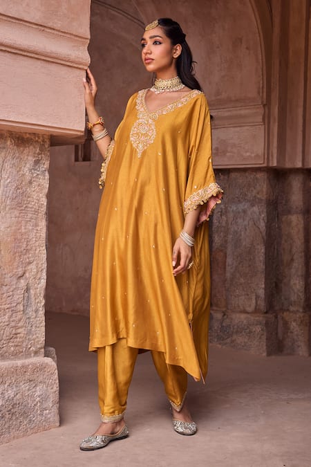 Shop_Kritika Dawar_Yellow Silk V-neck Kaftan And Salwar Pant Set _Online_at_Aza_Fashions