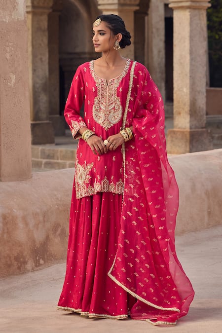 Buy Kritika Dawar Magenta , Organza Pearls, Sequins, Embroidery Round Neck Sharara Set Online at Aza Fashions Buy_Kritika Dawar_Magenta , Organza Pearls, Sequins, Embroidery Round Neck Sharara Set _Online_at_Aza_Fashions