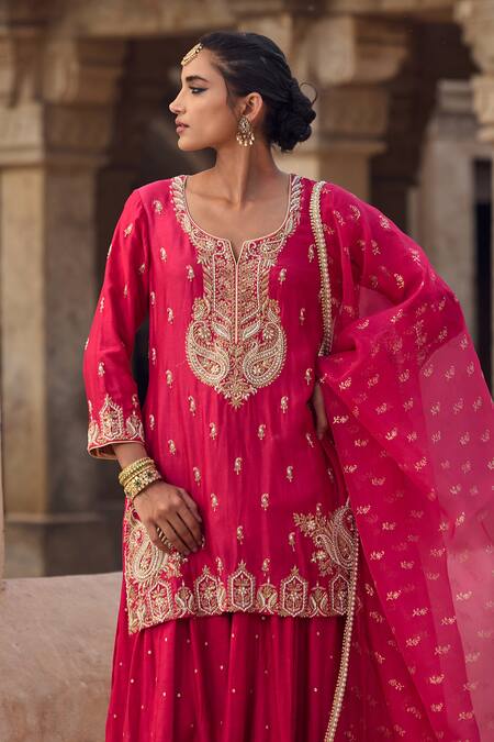 Shop Kritika Dawar Magenta , Organza Pearls, Sequins, Embroidery Round Neck Sharara Set Online at Aza Fashions Shop_Kritika Dawar_Magenta , Organza Pearls, Sequins, Embroidery Round Neck Sharara Set _Online_at_Aza_Fashions