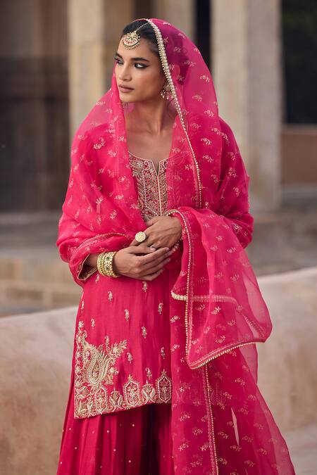 Kritika Dawar Magenta , Organza Pearls, Sequins, Embroidery Round Neck Sharara Set at Aza Fashions Kritika Dawar_Magenta , Organza Pearls, Sequins, Embroidery Round Neck Sharara Set _at_Aza_Fashions