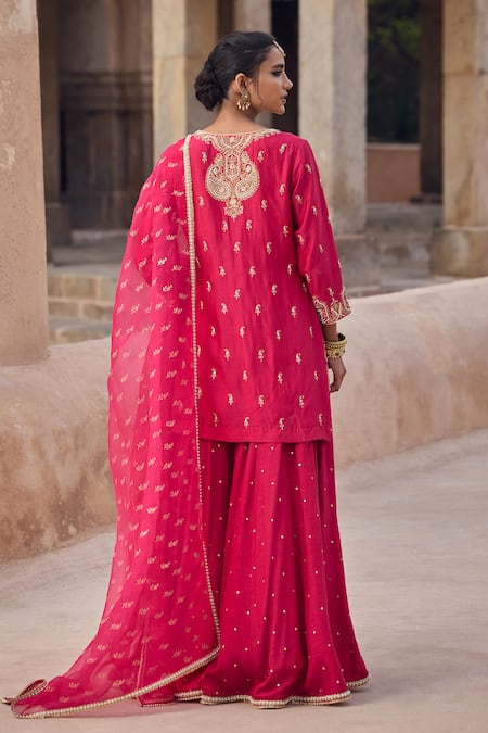 Shop Kritika Dawar Magenta , Organza Pearls, Sequins, Embroidery Round Neck Sharara Set at Aza Fashions Shop_Kritika Dawar_Magenta , Organza Pearls, Sequins, Embroidery Round Neck Sharara Set _at_Aza_Fashions