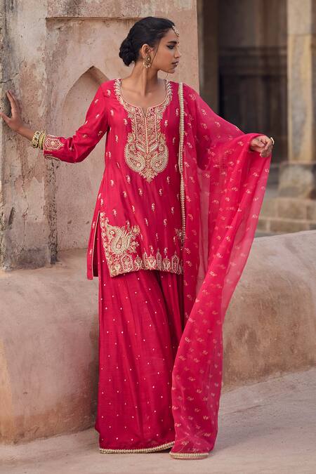 Buy Kritika Dawar Magenta , Organza Pearls, Sequins, Embroidery Round Neck Sharara Set Buy_Kritika Dawar_Magenta , Organza Pearls, Sequins, Embroidery Round Neck Sharara Set