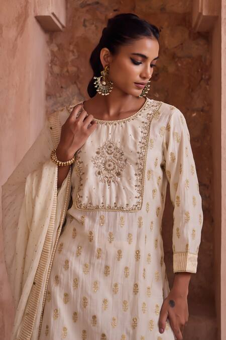 Buy Kritika Dawar Ivory Silk, Chanderi Embroidery, Metallic Thread Round Neck Zari Gharara Set Buy_Kritika Dawar_Ivory Silk, Chanderi Embroidery, Metallic Thread Round Neck Zari Gharara Set