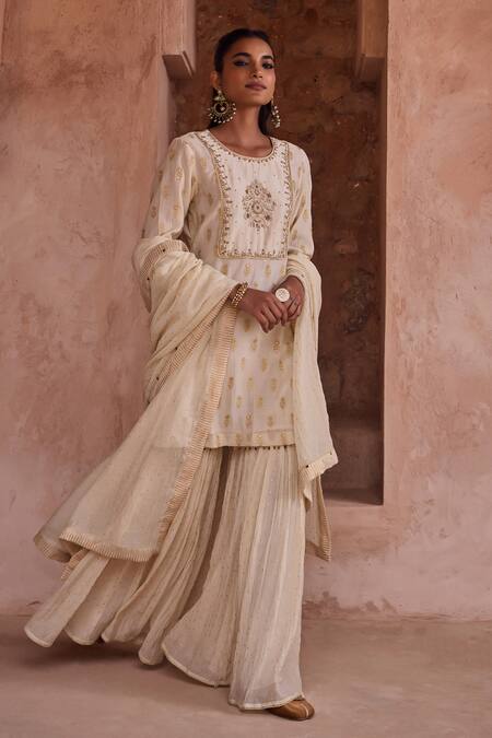 Shop Kritika Dawar Ivory Silk, Chanderi Embroidery, Metallic Thread Round Neck Zari Gharara Set Shop_Kritika Dawar_Ivory Silk, Chanderi Embroidery, Metallic Thread Round Neck Zari Gharara Set