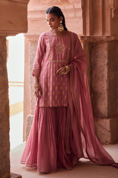 Buy_Kritika Dawar_Blush Silk, Chanderi Embroidery Zari Gharara Set _Online_at_Aza_Fashions