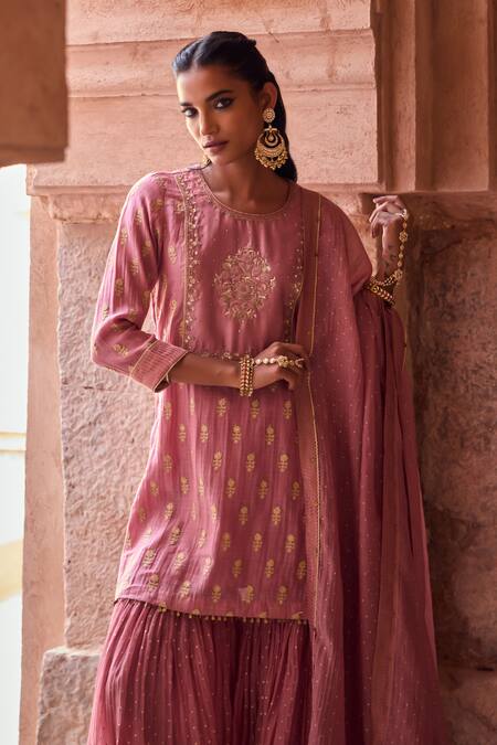 Shop_Kritika Dawar_Blush Silk, Chanderi Embroidery Zari Gharara Set _Online_at_Aza_Fashions
