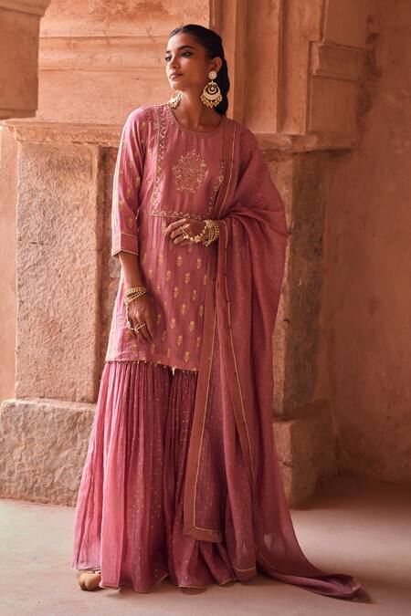 Kritika Dawar_Blush Silk, Chanderi Embroidery Zari Gharara Set _at_Aza_Fashions
