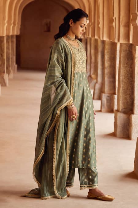 Buy_Kritika Dawar_Sapphire Silk, Chanderi, Cotton Embroidery Round Neck Sage Green Zari Kurta Set _Online_at_Aza_Fashions