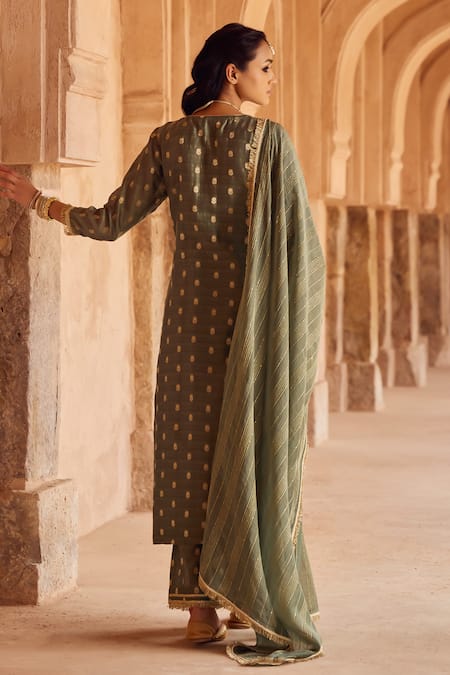 Kritika Dawar Sage Green Zari Embroidered Kurta Set 