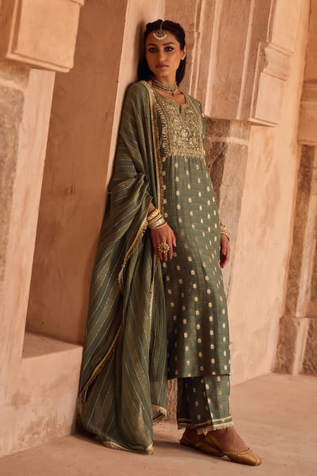 Shop_Kritika Dawar_Sapphire Silk, Chanderi, Cotton Embroidery Round Neck Sage Green Zari Kurta Set _Online_at_Aza_Fashions