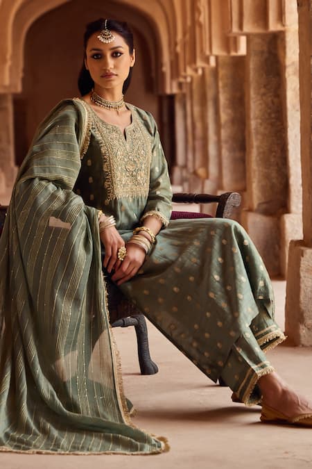 Buy_Kritika Dawar_Sapphire Silk, Chanderi, Cotton Embroidery Round Neck Sage Green Zari Kurta Set 