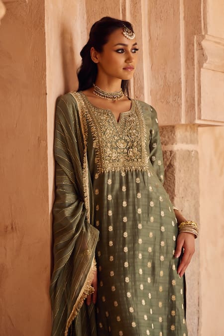 Shop_Kritika Dawar_Sapphire Silk, Chanderi, Cotton Embroidery Round Neck Sage Green Zari Kurta Set 
