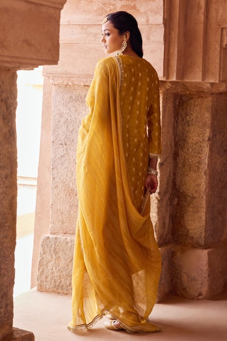 Shop Kritika Dawar Yellow Chanderi, Silk Round Neck Dabka Embroidered Kurta Set at Aza Fashions Shop_Kritika Dawar_Yellow Chanderi, Silk Round Neck Dabka Embroidered Kurta Set _at_Aza_Fashions