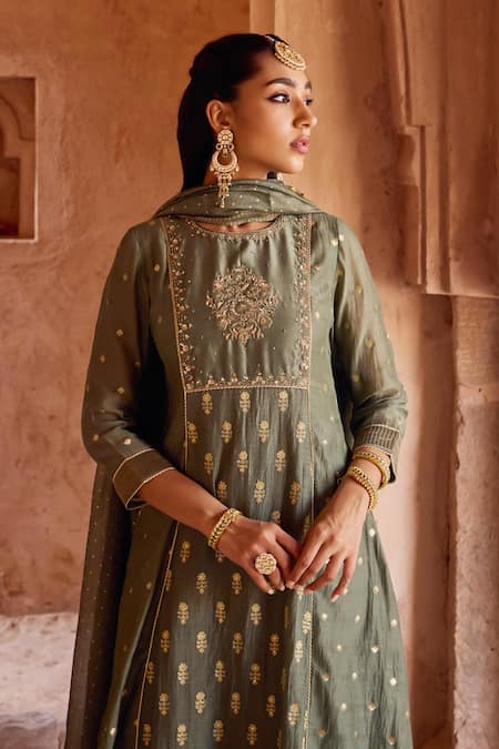 Buy Kritika Dawar Green Chanderi, Silk Embroidery Round Neck Dabka Kurta Set Online at Aza Fashions Buy_Kritika Dawar_Green Chanderi, Silk Embroidery Round Neck Dabka Kurta Set _Online_at_Aza_Fashions