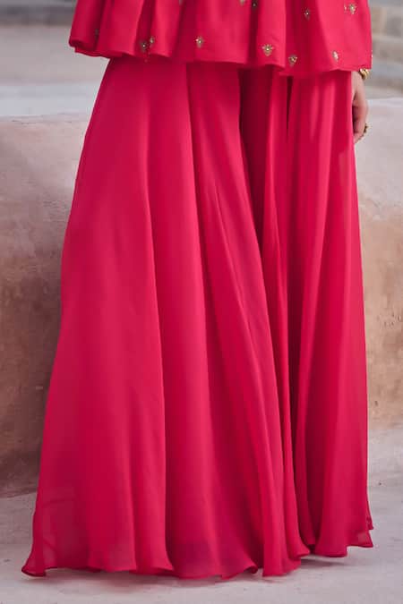 Kritika Dawar Magenta Silk, Organza Pearls, Embroidery V-neck Peplum Kurta And Sharara Set Online at Aza Fashions Kritika Dawar_Magenta Silk, Organza Pearls, Embroidery V-neck Peplum Kurta And Sharara Set _Online_at_Aza_Fashions