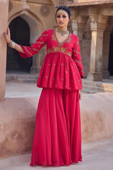 Buy Kritika Dawar Magenta Silk, Organza Pearls, Embroidery V-neck Peplum Kurta And Sharara Set Online at Aza Fashions Buy_Kritika Dawar_Magenta Silk, Organza Pearls, Embroidery V-neck Peplum Kurta And Sharara Set _Online_at_Aza_Fashions