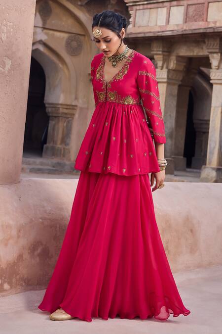 Shop Kritika Dawar Magenta Silk, Organza Pearls, Embroidery V-neck Peplum Kurta And Sharara Set Online at Aza Fashions Shop_Kritika Dawar_Magenta Silk, Organza Pearls, Embroidery V-neck Peplum Kurta And Sharara Set _Online_at_Aza_Fashions