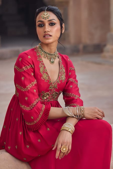 Kritika Dawar Magenta Silk, Organza Pearls, Embroidery V-neck Peplum Kurta And Sharara Set at Aza Fashions Kritika Dawar_Magenta Silk, Organza Pearls, Embroidery V-neck Peplum Kurta And Sharara Set _at_Aza_Fashions