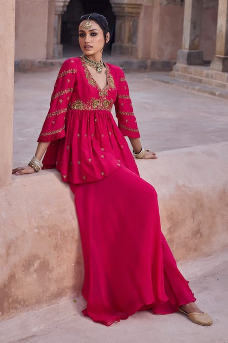 Buy Kritika Dawar Magenta Silk, Organza Pearls, Embroidery V-neck Peplum Kurta And Sharara Set Buy_Kritika Dawar_Magenta Silk, Organza Pearls, Embroidery V-neck Peplum Kurta And Sharara Set