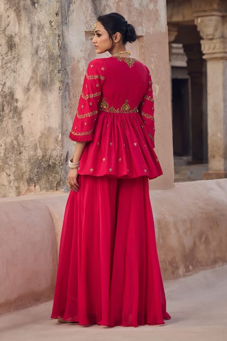 Shop Kritika Dawar Magenta Silk, Organza Pearls, Embroidery V-neck Peplum Kurta And Sharara Set at Aza Fashions Shop_Kritika Dawar_Magenta Silk, Organza Pearls, Embroidery V-neck Peplum Kurta And Sharara Set _at_Aza_Fashions
