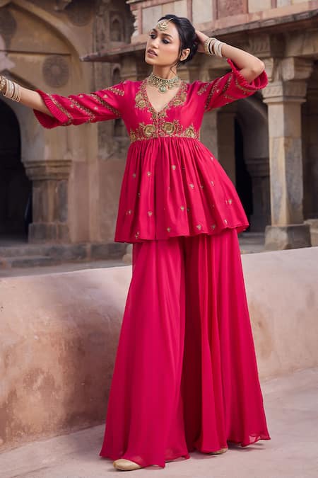 Shop Kritika Dawar Magenta Silk, Organza Pearls, Embroidery V-neck Peplum Kurta And Sharara Set Shop_Kritika Dawar_Magenta Silk, Organza Pearls, Embroidery V-neck Peplum Kurta And Sharara Set
