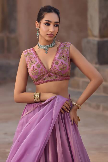 Buy Kritika Dawar Lilac Tissue, Silk Organza Sequins, Embroidery V-neck Lehenga Set Online at Aza Fashions Buy_Kritika Dawar_Lilac Tissue, Silk Organza Sequins, Embroidery V-neck Lehenga Set _Online_at_Aza_Fashions