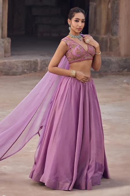 Shop Kritika Dawar Lilac Tissue, Silk Organza Sequins, Embroidery V-neck Lehenga Set Online at Aza Fashions Shop_Kritika Dawar_Lilac Tissue, Silk Organza Sequins, Embroidery V-neck Lehenga Set _Online_at_Aza_Fashions