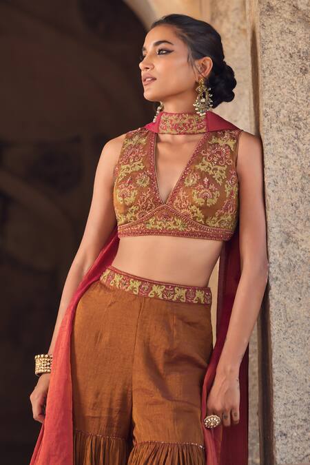 Shop Kritika Dawar Brown Tissue, Chanderi Embroidery, Zari V-neck Gharara Set Online at Aza Fashions Shop_Kritika Dawar_Brown Tissue, Chanderi Embroidery, Zari V-neck Gharara Set _Online_at_Aza_Fashions