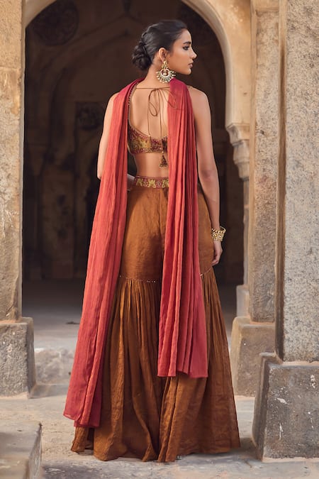 Shop Kritika Dawar Brown Tissue, Chanderi Embroidery, Zari V-neck Gharara Set at Aza Fashions Shop_Kritika Dawar_Brown Tissue, Chanderi Embroidery, Zari V-neck Gharara Set _at_Aza_Fashions