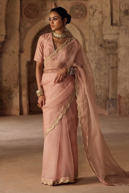 Kritika Dawar Pink Organza, Pearls Hand Block Printed Saree Set Online at Aza Fashions Kritika Dawar_Pink Organza, Pearls Hand Block Printed Saree Set _Online_at_Aza_Fashions