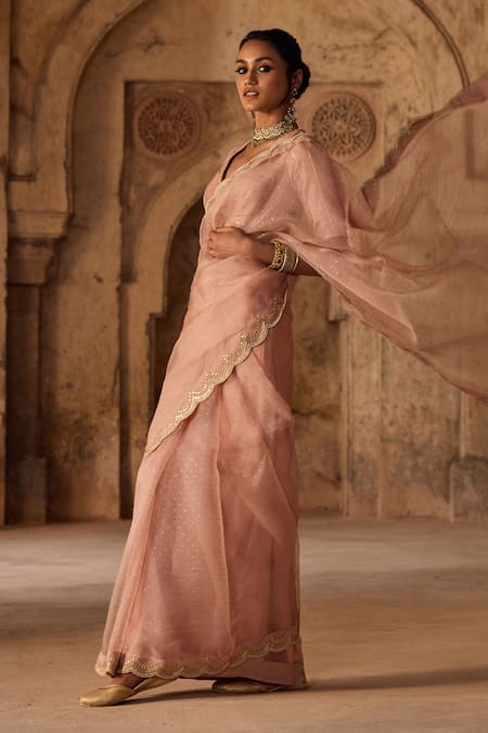 Buy Kritika Dawar Pink Organza, Pearls Hand Block Printed Saree Set Online at Aza Fashions Buy_Kritika Dawar_Pink Organza, Pearls Hand Block Printed Saree Set _Online_at_Aza_Fashions