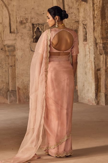 Shop Kritika Dawar Pink Organza, Pearls Hand Block Printed Saree Set at Aza Fashions Shop_Kritika Dawar_Pink Organza, Pearls Hand Block Printed Saree Set _at_Aza_Fashions