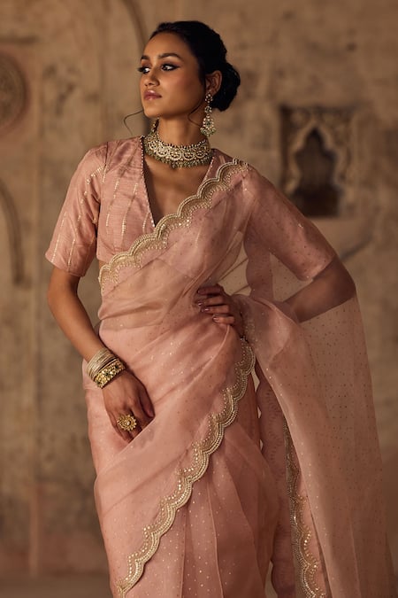 Shop Kritika Dawar Pink Organza, Pearls Hand Block Printed Saree Set Online at Aza Fashions Shop_Kritika Dawar_Pink Organza, Pearls Hand Block Printed Saree Set _Online_at_Aza_Fashions