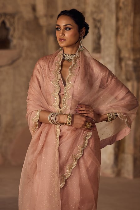 Kritika Dawar Pink Organza, Pearls Hand Block Printed Saree Set at Aza Fashions Kritika Dawar_Pink Organza, Pearls Hand Block Printed Saree Set _at_Aza_Fashions