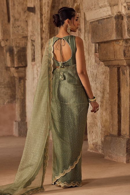 Shop Kritika Dawar Green Organza, Pearls Round Neck Sage Hand Block Printed Saree Set at Aza Fashions Shop_Kritika Dawar_Green Organza, Pearls Round Neck Sage Hand Block Printed Saree Set _at_Aza_Fashions