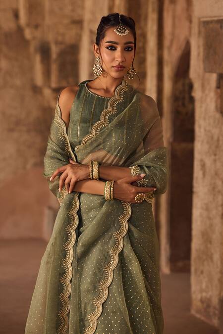 Buy Kritika Dawar Green Organza, Pearls Round Neck Sage Hand Block Printed Saree Set Online at Aza Fashions Buy_Kritika Dawar_Green Organza, Pearls Round Neck Sage Hand Block Printed Saree Set _Online_at_Aza_Fashions