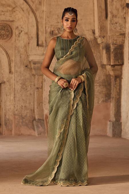 Shop Kritika Dawar Green Organza, Pearls Round Neck Sage Hand Block Printed Saree Set Online at Aza Fashions Shop_Kritika Dawar_Green Organza, Pearls Round Neck Sage Hand Block Printed Saree Set _Online_at_Aza_Fashions