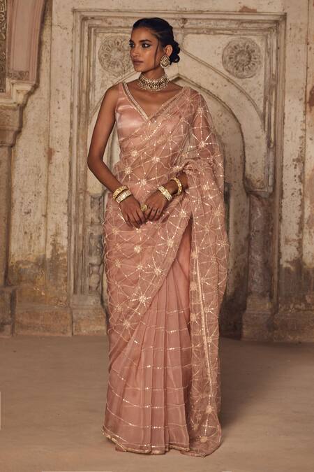 Kritika Dawar Pink Organza, Gota Patti, Pearls V-neck Sheer Saree Set Online at Aza Fashions Kritika Dawar_Pink Organza, Gota Patti, Pearls V-neck Sheer Saree Set _Online_at_Aza_Fashions